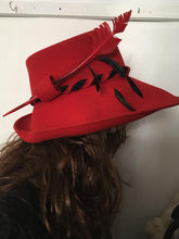 Load image into Gallery viewer, Vintage Red Hat 1970s Red hat feathers. Vintage Floppy Hat. Wool Floppy Hat