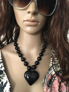 Vintage Necklace Stunning 1980s Chunky Black Bead Necklace, Black Heart chunky bead necklace Adjustable necklace