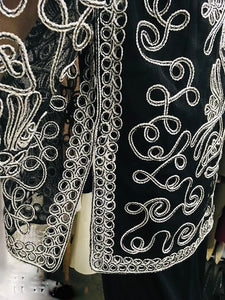 Vintage Embroidered Jacket Art Deco Long Jacket Black Silver Scroll Embroidery GLAM Size Medium to Large