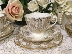 Roya Vale, Gold Floral with Filigree scalloped rims, vintage tea cup trio set. c.1960s