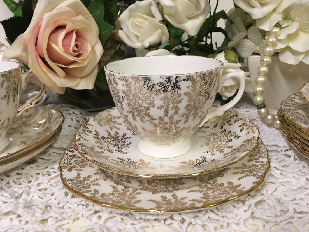 Roya Vale, Gold Floral with Filigree scalloped rims, vintage tea cup trio set. c.1960s