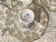 Load image into Gallery viewer, Roya Vale, Gold Floral with Filigree scalloped rims, vintage tea cup trio set. c.1960s