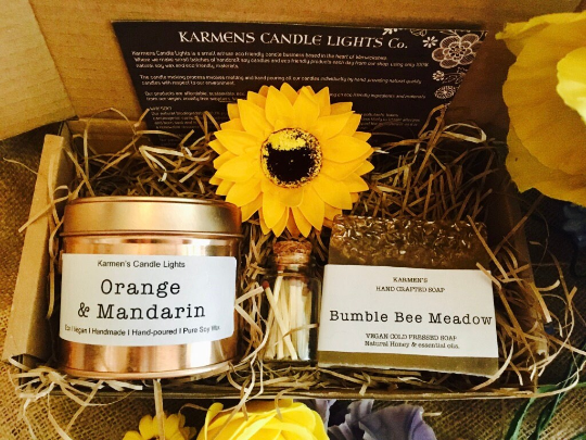 Candle gift set. Orange & Mandarin Sunflower Spa Gift Box Handmade Soy Candle vegan honey Soap