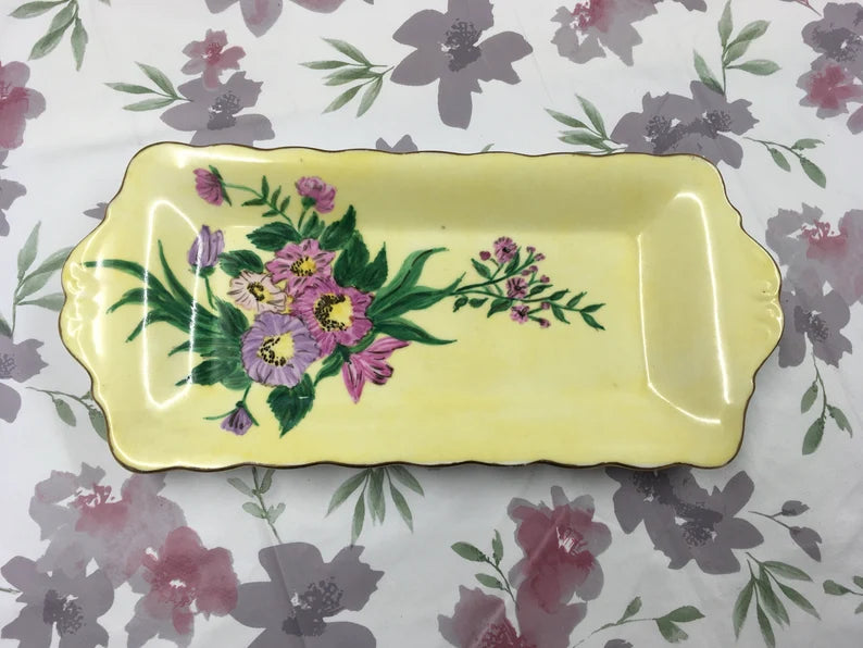 Vintage Sandwich Tray, lemon yellow floral vintage Sandwich Rectangle Plate, Signed Stamped. Staffordshire Vintage Dining, Sandwich Tray
