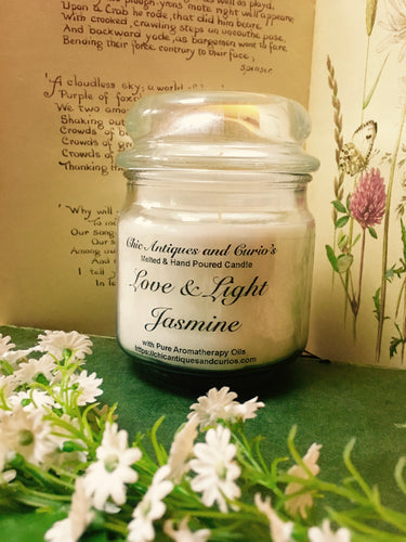 Jasmine with sweet peony. Soy Wax candles, Love and Light Candle collection.
