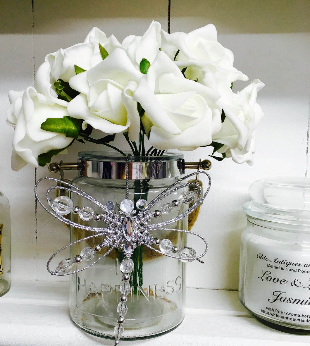 Vase with Artificial White Roses, Dragonfly, Home is Happiness