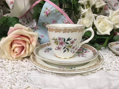 Royal Grafton, spring flowers, floral and gold tea cup trio set. c.1957