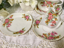 Load image into Gallery viewer, Vale, Staffordshire vintage pretty pink flowers, tea cup trio set. c.1960s
